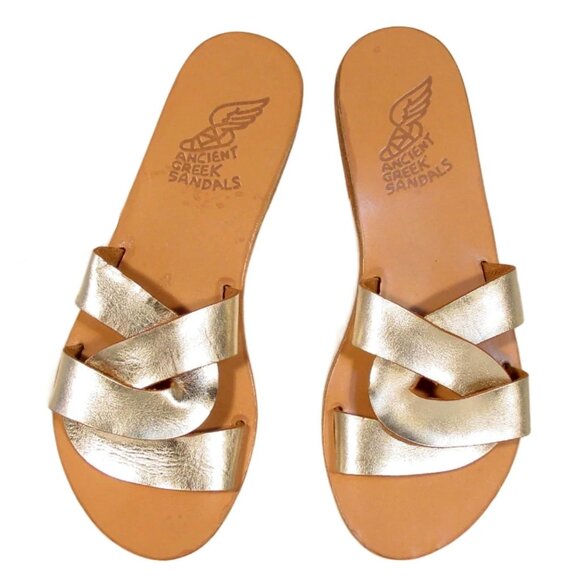 ANCIENT GREEK Desmos $270 Gold Slide Sandals 38/8 - Picture 1 of 8